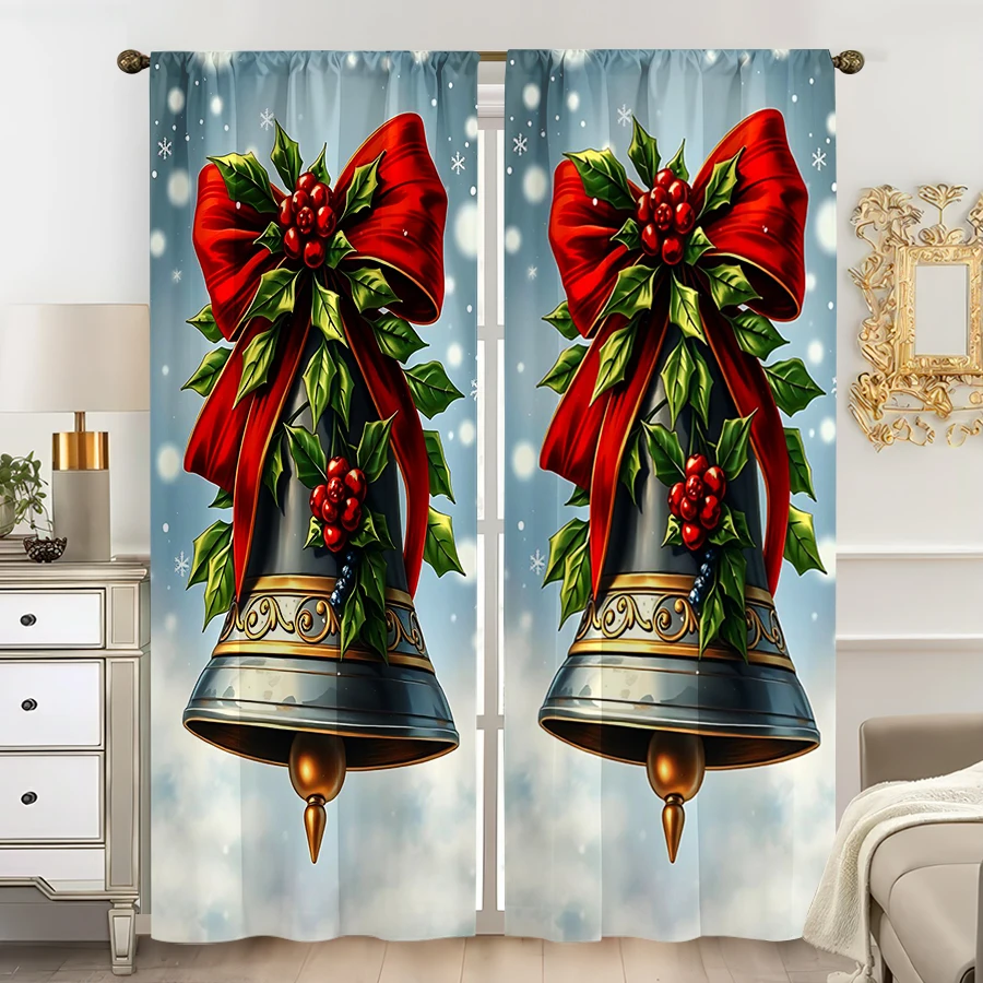 2PCS Digital Print Curtain, Silver Christmas Bells with Red Bow and Holly, Red Berries on Blue Snowy, for Home Window Decoration