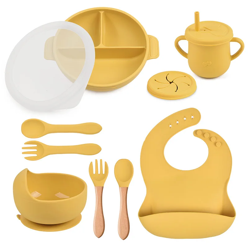 

10 pieces of baby silicone tableware set round divided bowl with lid and bib divided format dining plate bowl spoon fork cup set