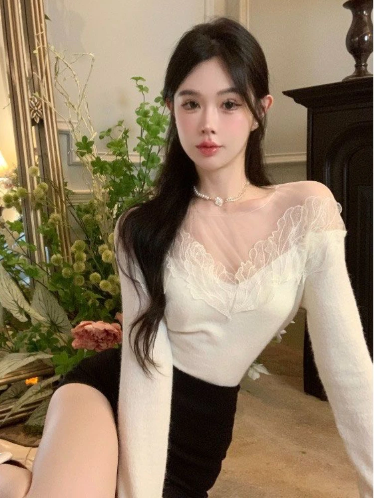 French Slash Neck Lace Blouses Women Delicate Spliced Autumn Vintage Aesthetic Clothes Feminine Stylish Long Sleeve Basic Tops