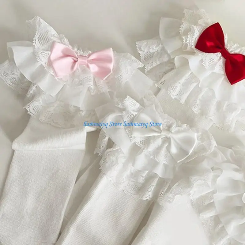 573b 키즈 여자 아기 고딕 양식 로리타 무릎 높이 양말 빈티지 멀티 레이어 주름 장식 달콤한 캔디 색상 새틴 보우 노트 공주