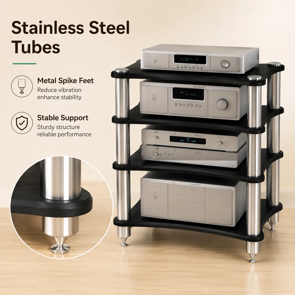 SUS 304 Audio Rack 1-4 Layer Amplifier Headphone Shelf with Anti Vibration Spikes Speaker Storage Cabinet for Home Theater Amp