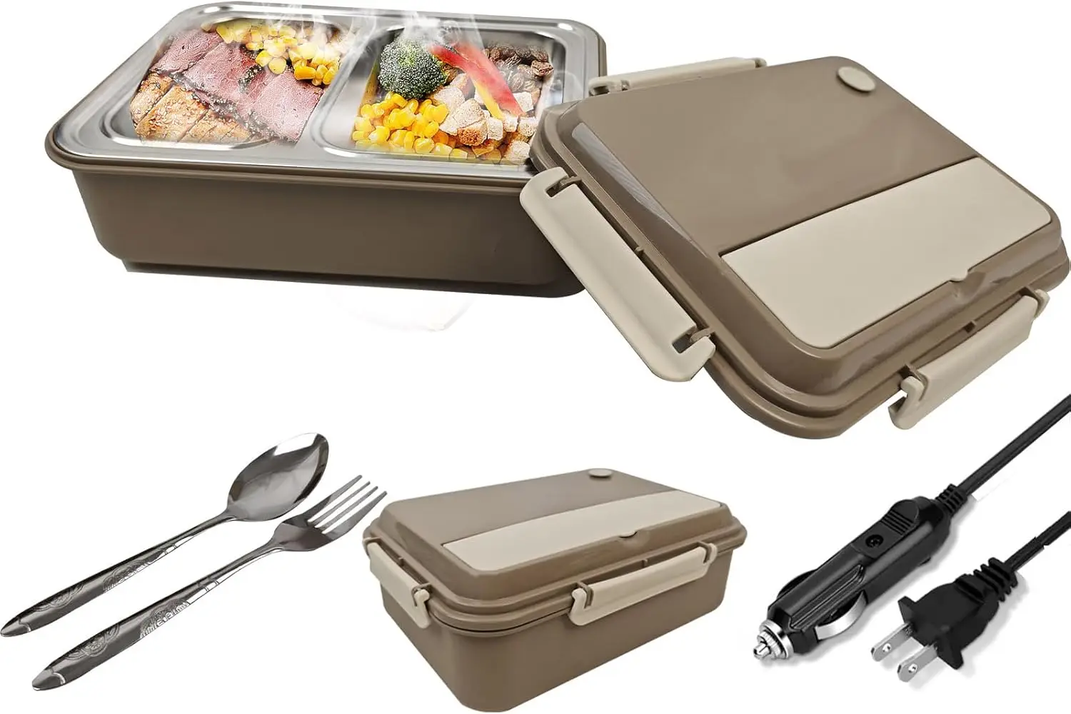 Heated Lunch Box, Electric Portable 12/24V Lunchbox for Car/Office with Fork & Spoon