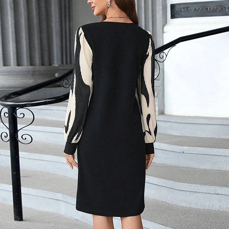 Elegant Dress Ladies O Neck Pleated Design Sleeve Long Sleeves Party Dress Woemn Fashion Midi Dress Boho