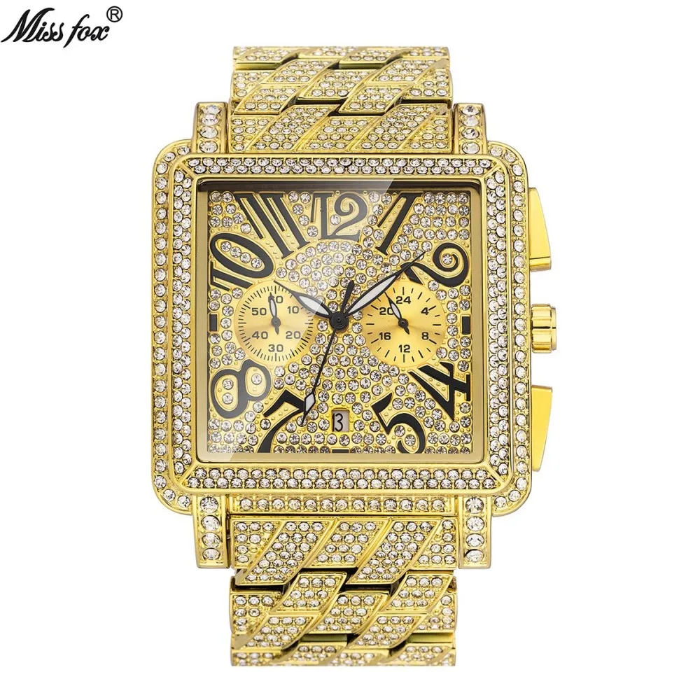 Men Iced Out Square Watch Full Diamond Gold Alloy Quartz Wristwatch Multifunction Chronograph Hip Hop Bling Waterproof Business Male Luxury Clock Gift