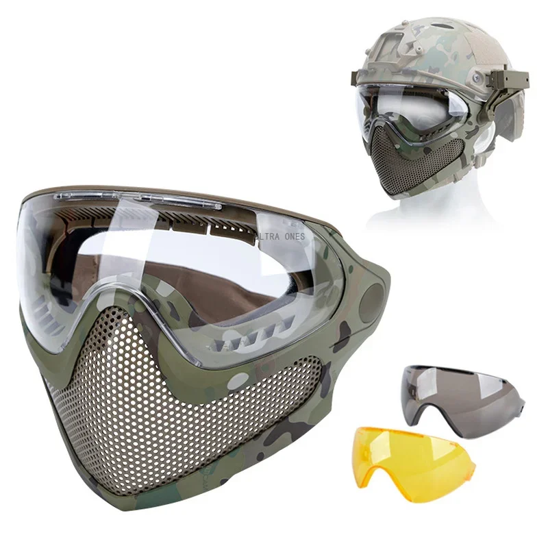 Airsoft Full Face Mask Tactical Combat Steel Mesh Protection Mask Outdoor Hunting Shooting Paintball Face Mask with 3 Lenses