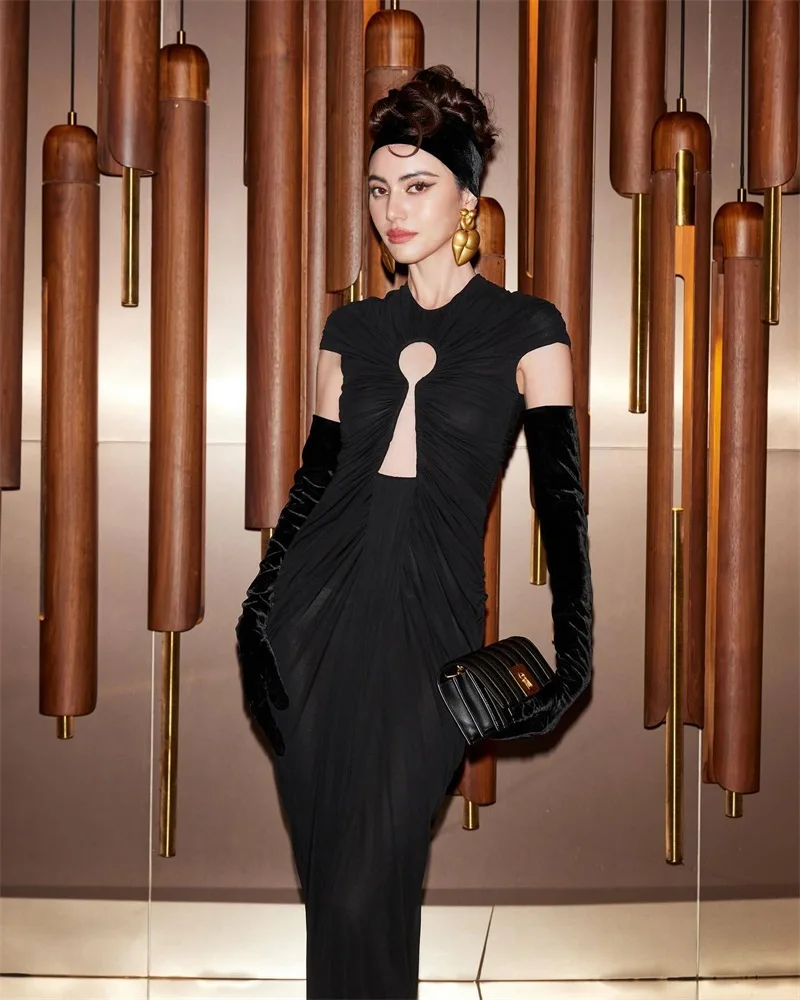 

Black Women Prom Dress Detachable Sleeves Sexy Hollow Ruffles Long Sheath Mermaid Party Evening Gown Formal Birthday Robe