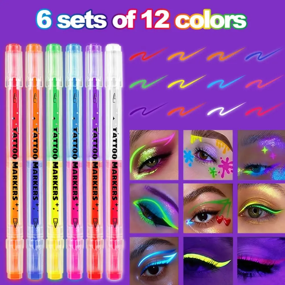 12 Colors Glow Face Paint Markers Black Light Reactive Easy Wash Off Body Paint Markers Set Water-Based Non-Toxic