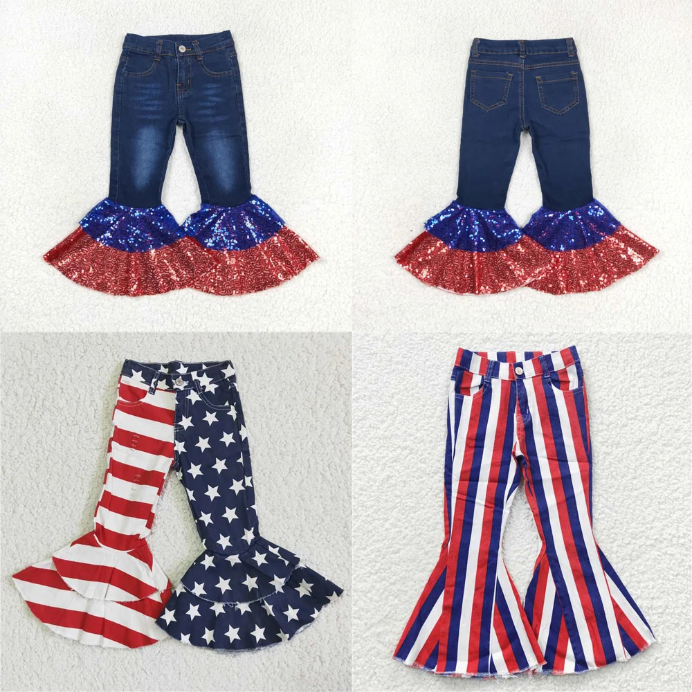 

wholesale 4th of July hot sale new design western boutique pants baby girls clothes Red and blue sequined dark blue denim pants