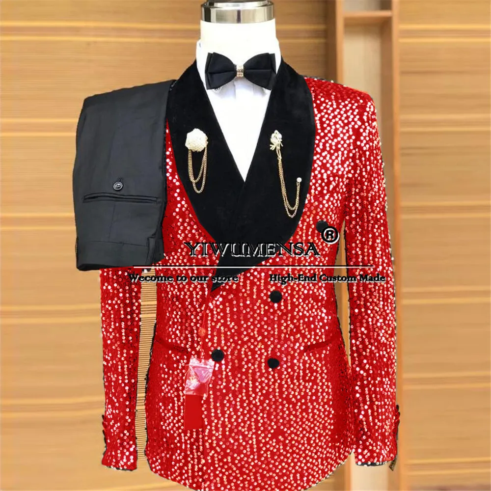 Sparkly Sequins Wedding Suits Black Velvet Double Breasted Prom Blazer Plus Size Groom Wear 2 Pieces (Jacket Pants) Man Clothing