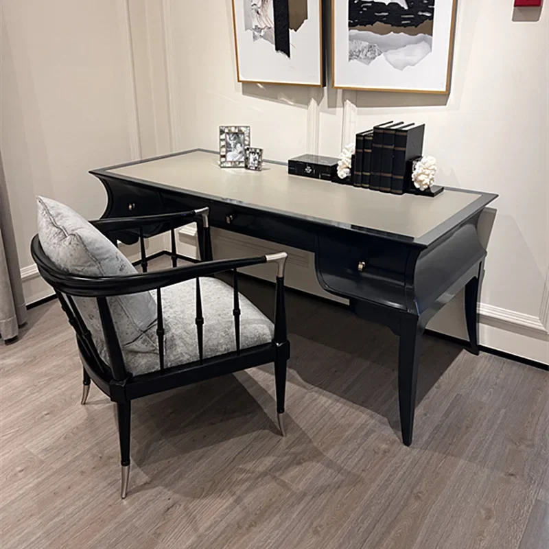 Black all solid wood desk American home study bedroom European French retro small apartment computer desk writing table