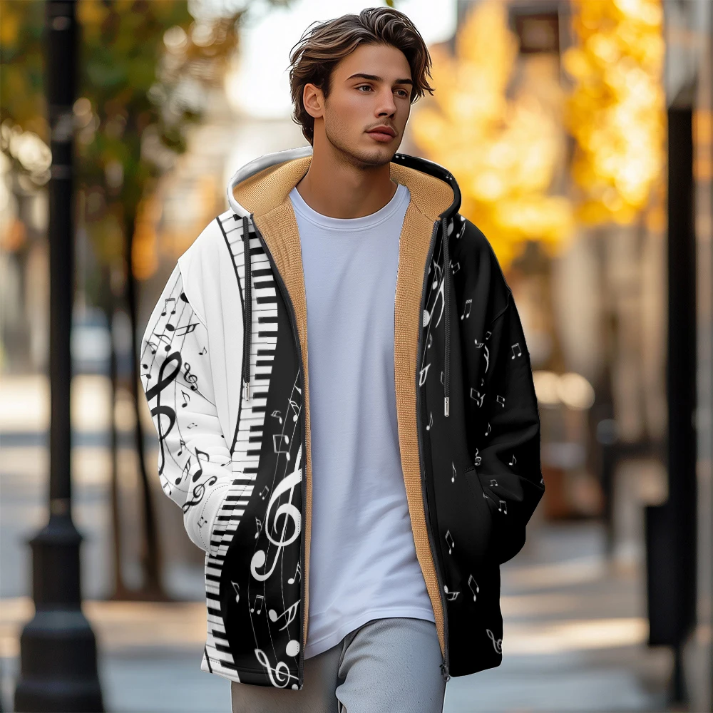 Man winter clothing, New in Down Coats, Black and white piano keys cotton-padded jacket clothing, feather print pocket zipper