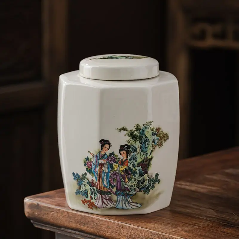 Chinese Ceramic Tea Jar High-grade Hexagonal Candy Jar Household Nut Coffee Bean Medicinal Herb Storage Bottle Kitchen Container