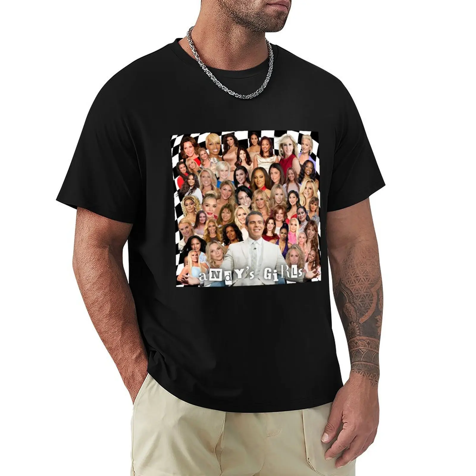 Andy's Girls Real Housewives Collage Checkerboard Background T-Shirt Vintage Style Printed Top