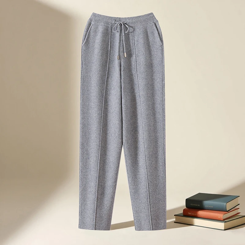 Men's Wool Pants Elastic Waist 2025 Autumn Winter Thick Casual Cashmere Trousers 100% Merino Wool Knitted Mid Seam Sport Pants