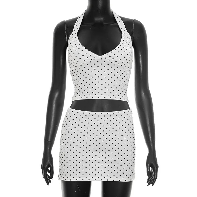 spicy girl polka print neck hanging top+half skirt two piece set women