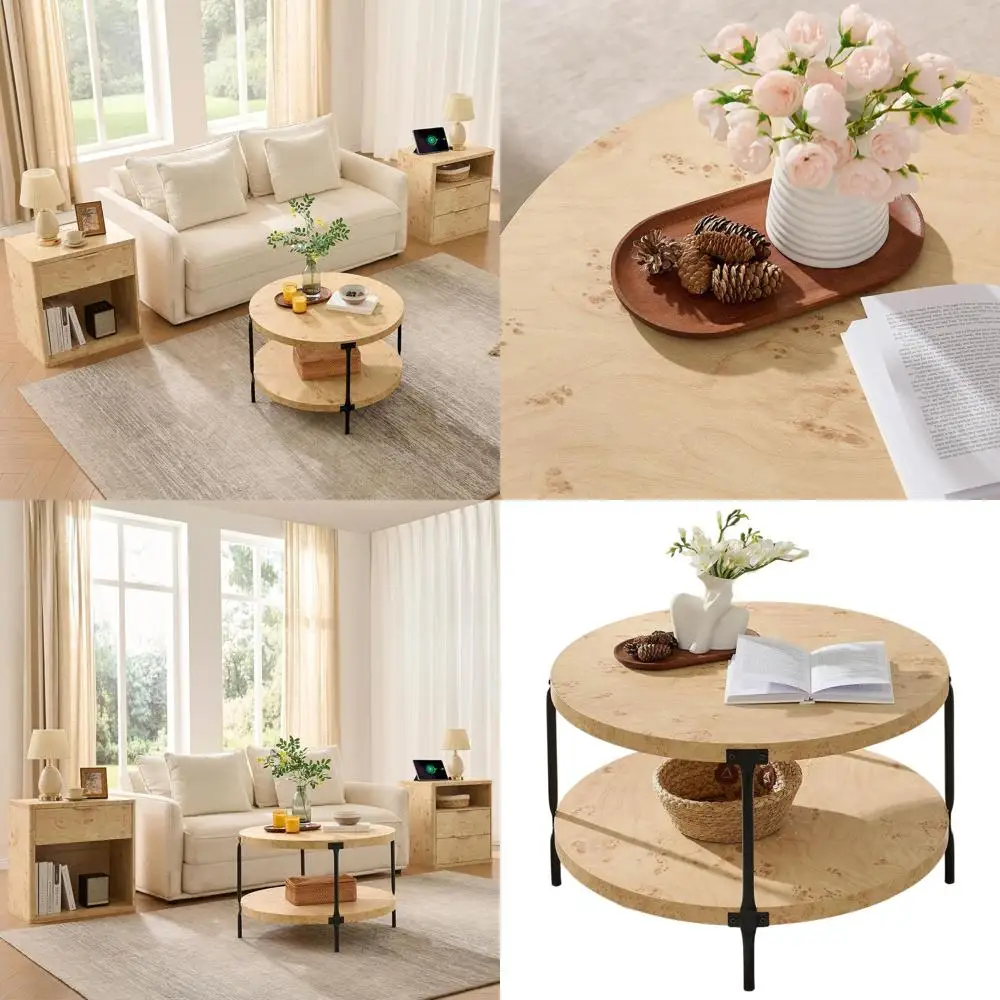 Natural Burl Wood 2-Tier Farmhouse Coffee Table, 29.1 Diameter x 18.3 Height