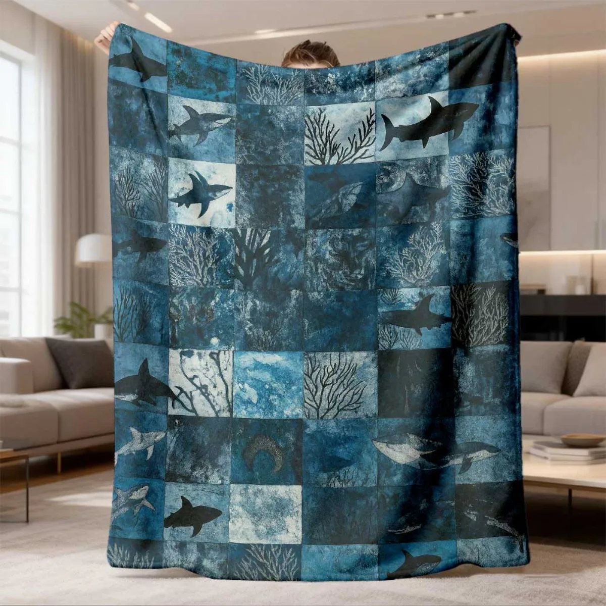 Blue Underwater World Shark Coral Grid Collage Art Pattern Flannel Blanket Indoor Outdoor Soft Timeless Warm Home Holiday Decor