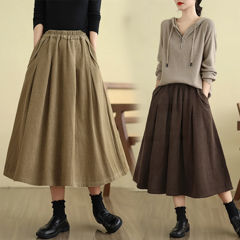 

Corduroy A-Line Skirt Women's Loose High Waist Slimming Long Umbrella Skirt Trendy plus Size Autumn Winter Faion