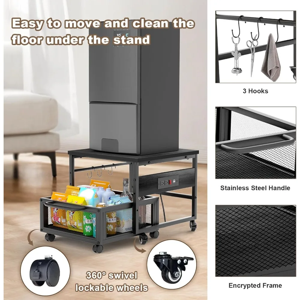 

Mini Fridge Stand with Storage and Wheels, Heavy Duty Mini Fridge Table with Power Outlets for 220LBS Refrigerator, Rolling Frid