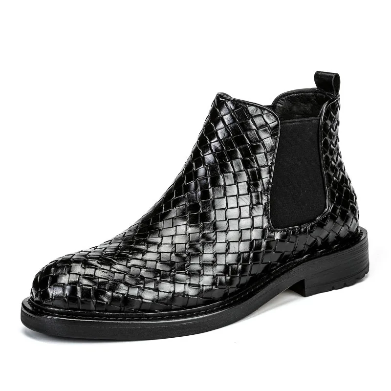 Men\'s Shoes Retro Trend Woven Chelsea Boots Ankle Boots Fashion Slip on Flat Men Shoes Cowboy Boots British Style Short Boots