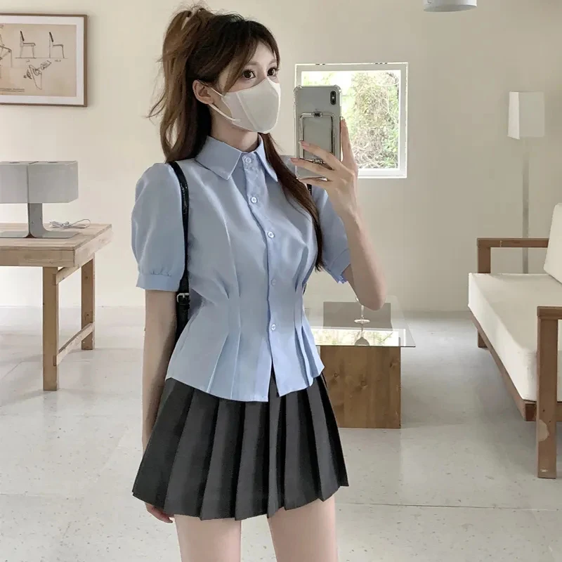 Jk School Shirt Women Pretty Style Solid Blue Pleated Slim Summer Short Sleeve Tops Elegant Single Breasted Office Lady Blouse