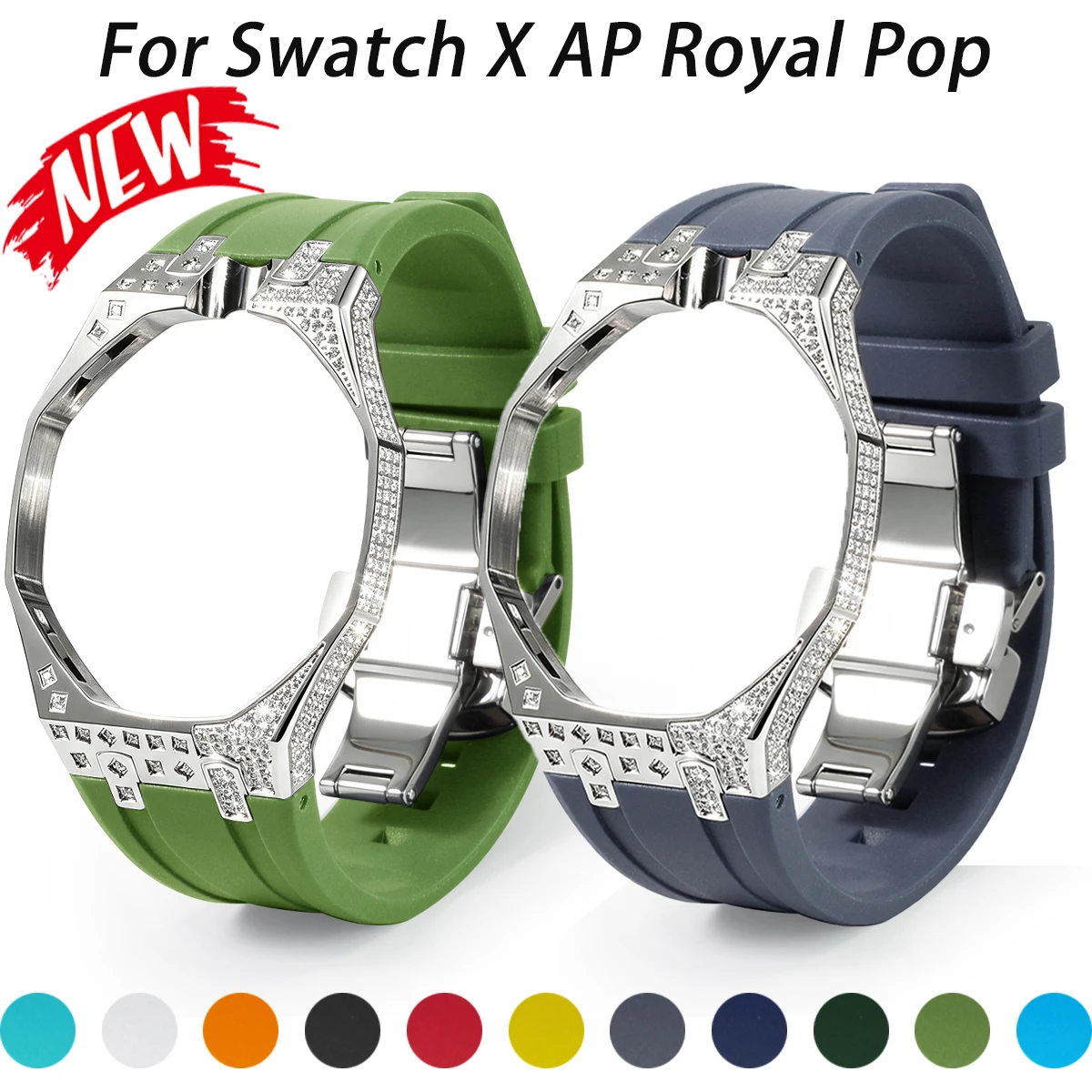 2-IN-1 Cover + Band for Swatch X AP Royal Pop Pocket Watch Changer To Wristwatch Bling Diamond Case + Strap Luxury Mod Kit