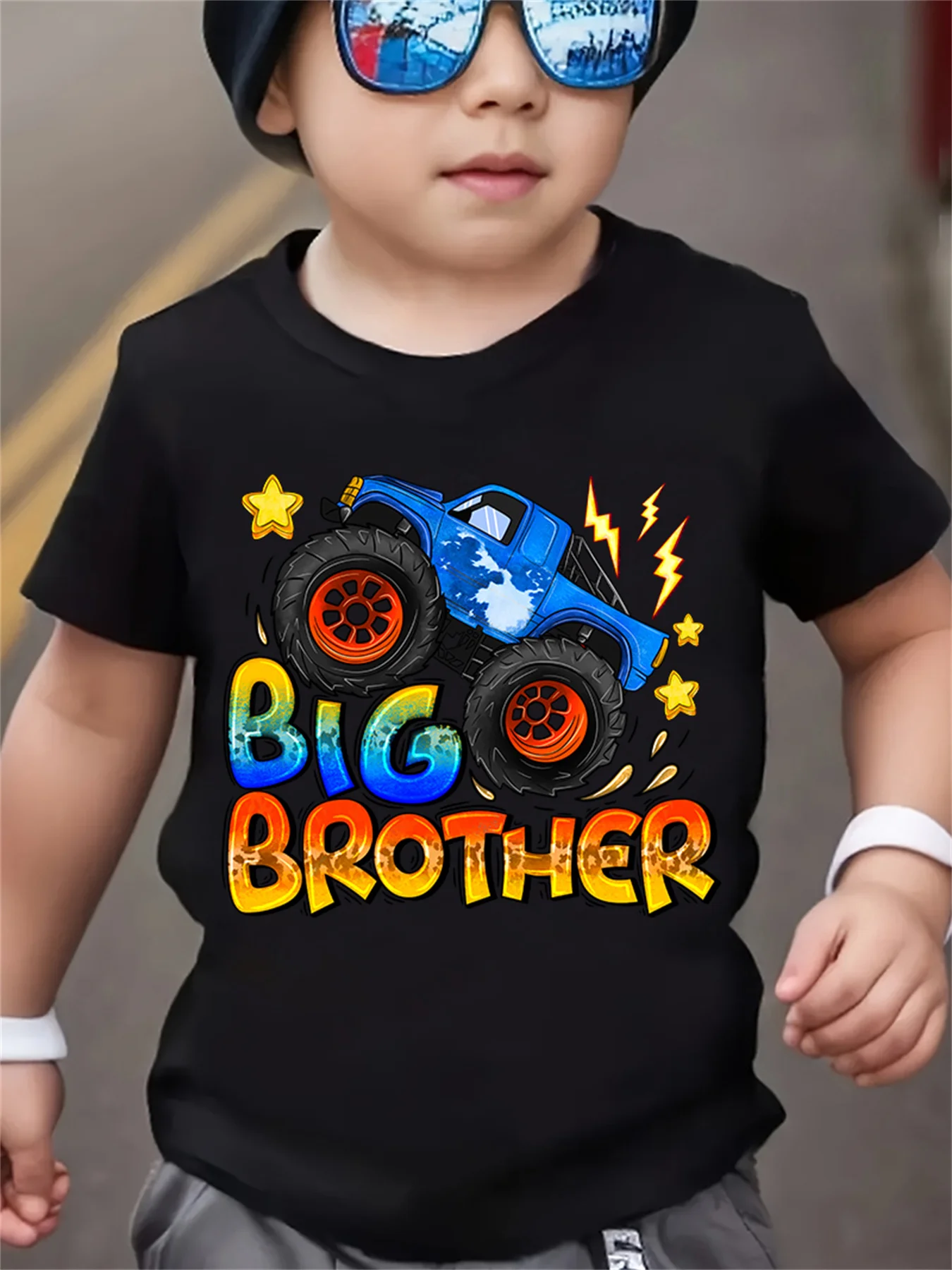 Summer Children's Fashionable Short Sleeved Off-road Vehicle Big Brother Element Go Kart Print Casual Outdoor Parent-child Top