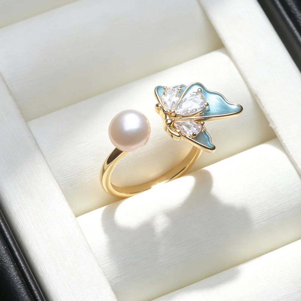 Echte Süßwasser-925-Silber-Perlenringe, Verstellbar, Niedlicher Blauer Ring mit Echten Perlen, Geburtstagsgeschenk für Mutter oder Ehefrau, Weiß Schwarz – Detail 1