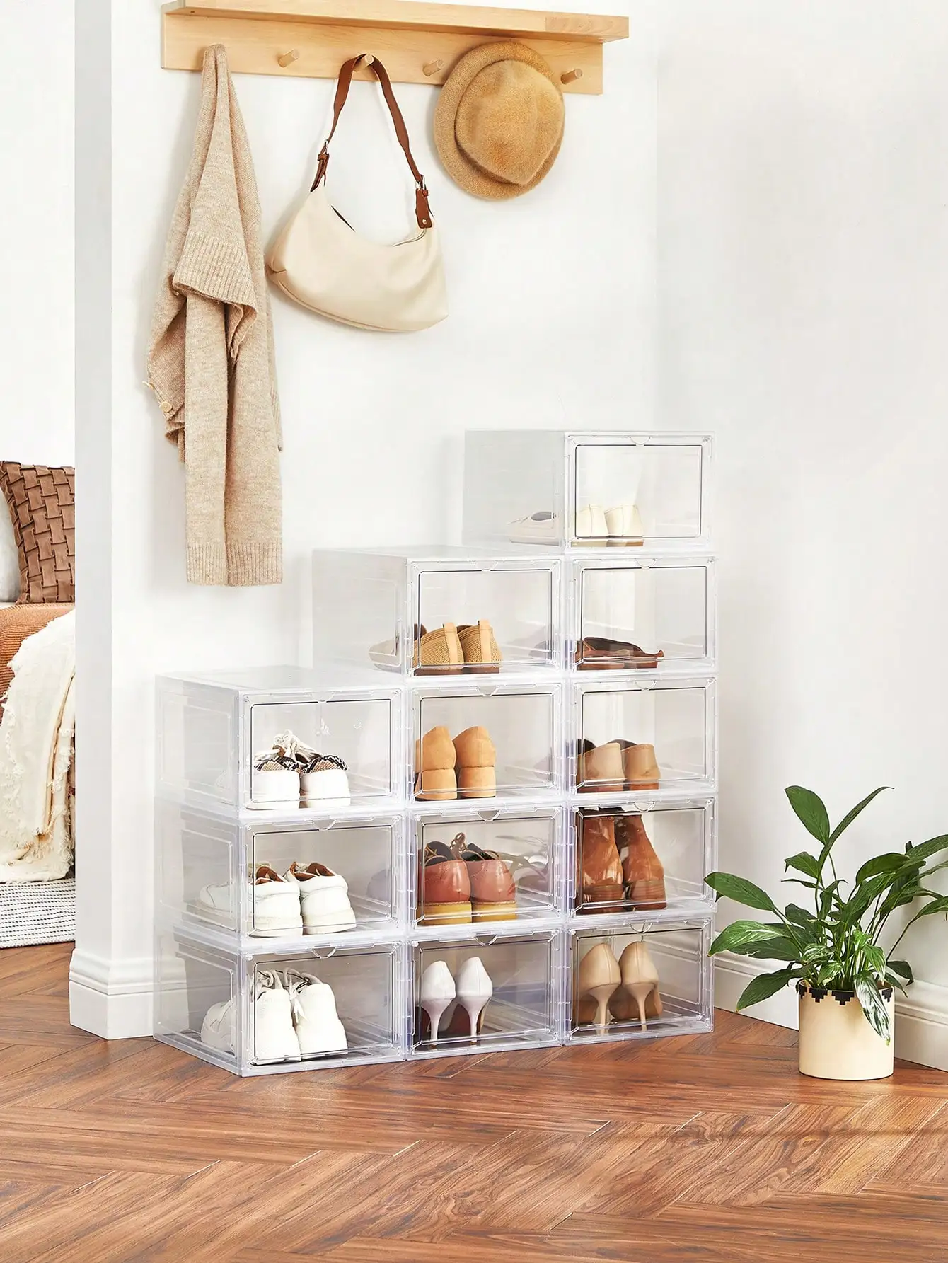 SONGMICS 12 scatole per scarpe trasparenti, impilabili, facili da montare, 27x34.5x19 cm, fino al