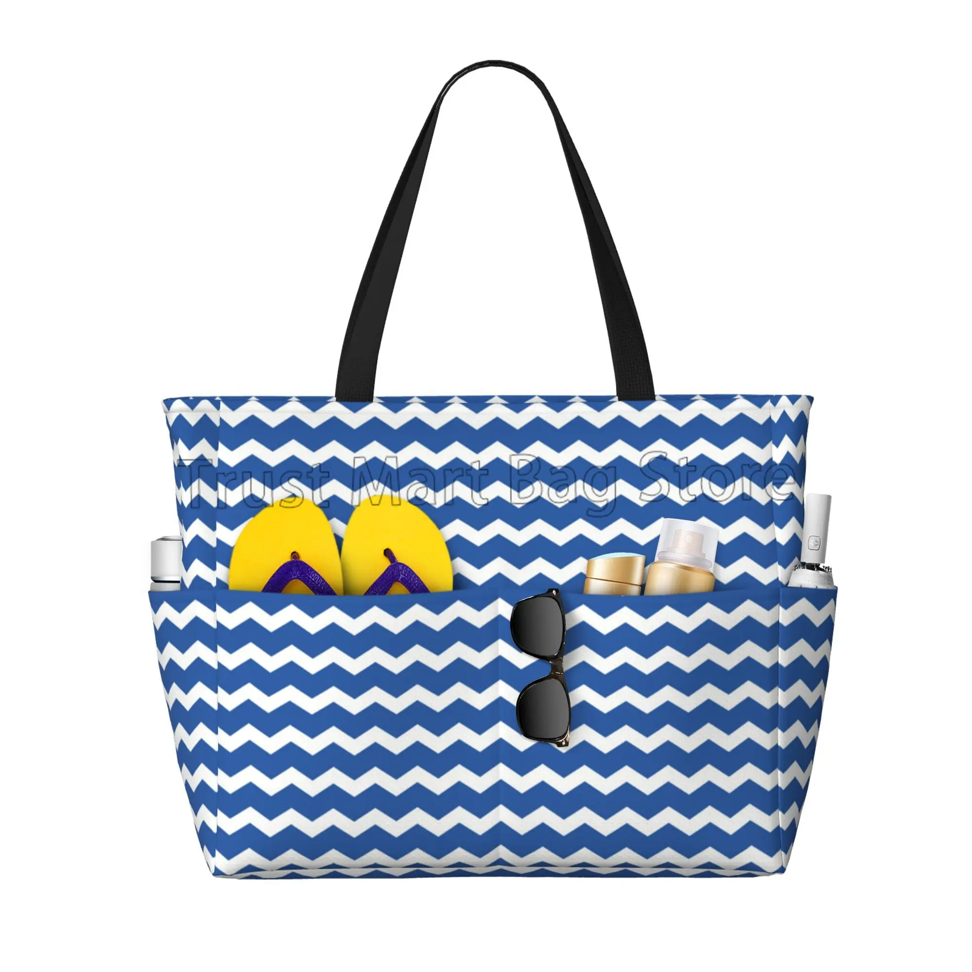 Blue Stripes Large Waterproof Beach Bag for Women Sandproof Tote Bag Pool Bag with Zipper and Pockets for Travel Vacation Gym