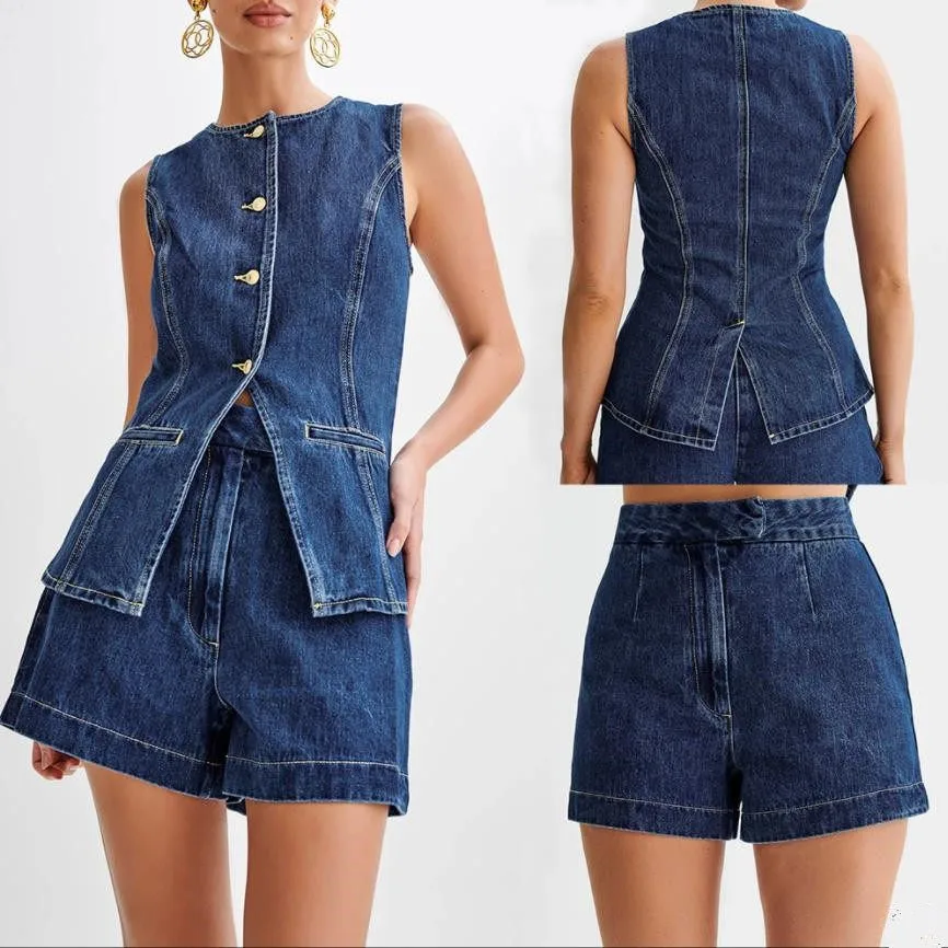 

Fashionable Denim Tank Top Shorts Set Women's Summer Outfit Casual Comfortable Two-Piece Suit round Neck Sleeveless Clothing
