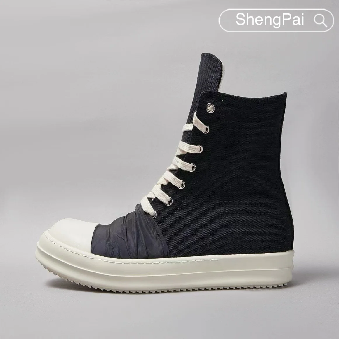 Ricks Black Cloth Crinkled Canvas High Top Shoes Owens Luxury Men's Shoes Zipper Design Women's Sneakers & Boots