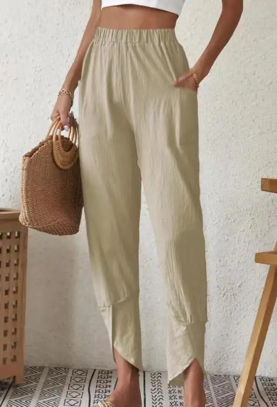 Women Harem Pants Vintage Cotton Linen Elastic Waist Wide Leg Trousers Female Casual Solid Pockets Loose Cropped Pants S-5XL