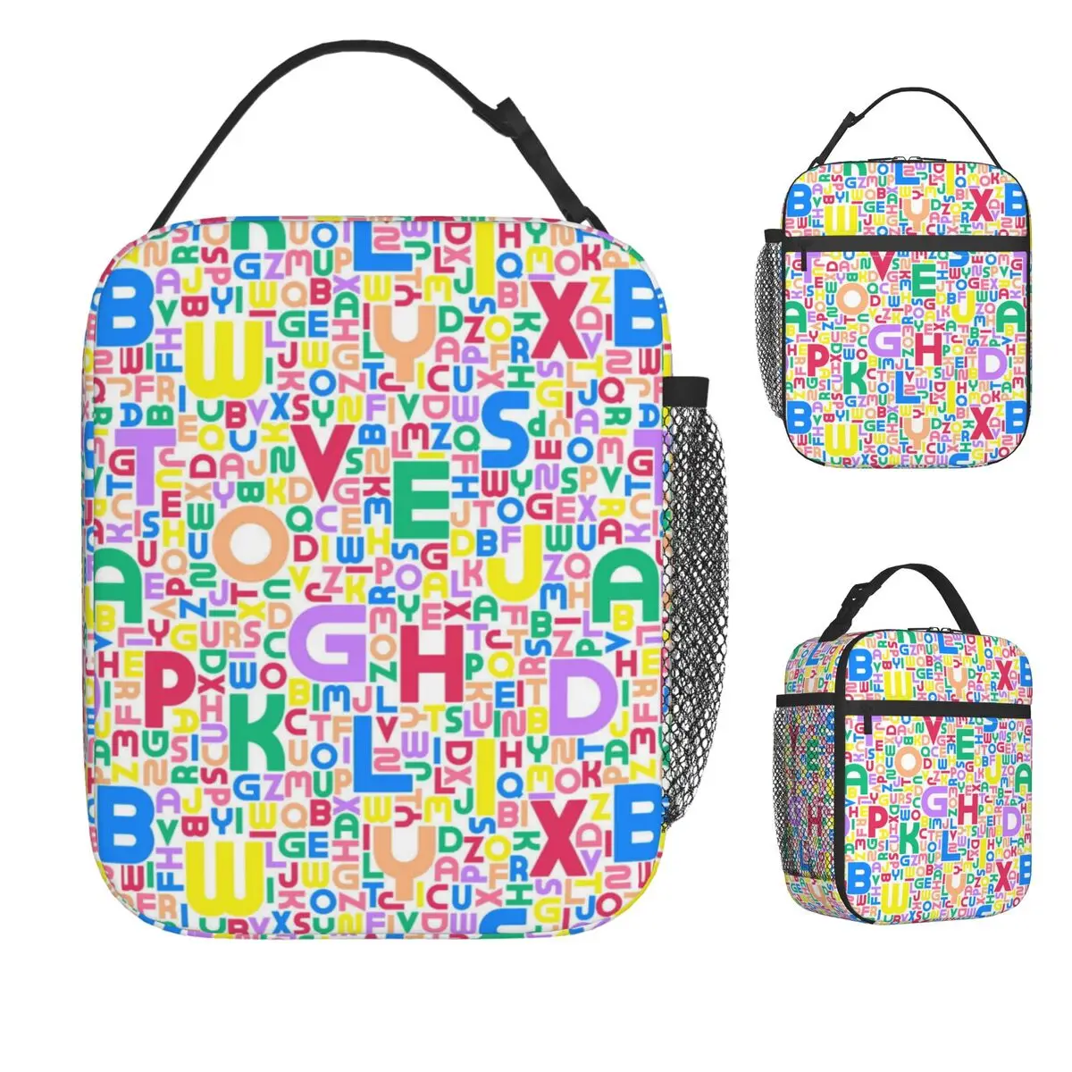 Colorful Seamless Alphabet Pattern Lunch Bag Beach Lunch Box For Girls Fun Graphic Tote Food Bags Waterproof Cooler Bag