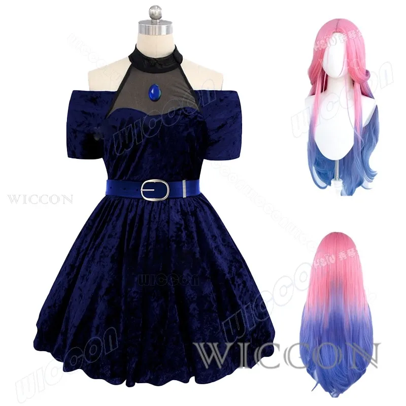 Mizi Cosplay Costume avec perruque, robe de paupières, fête d'Halloween, vêtements de performance de jeu de rôle, tenue en velours bleu, Anime, prévente