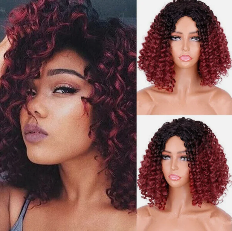 Curto afro kinky encaracolado perucas de cabelo sintético ombre azul festa perucas cosplay