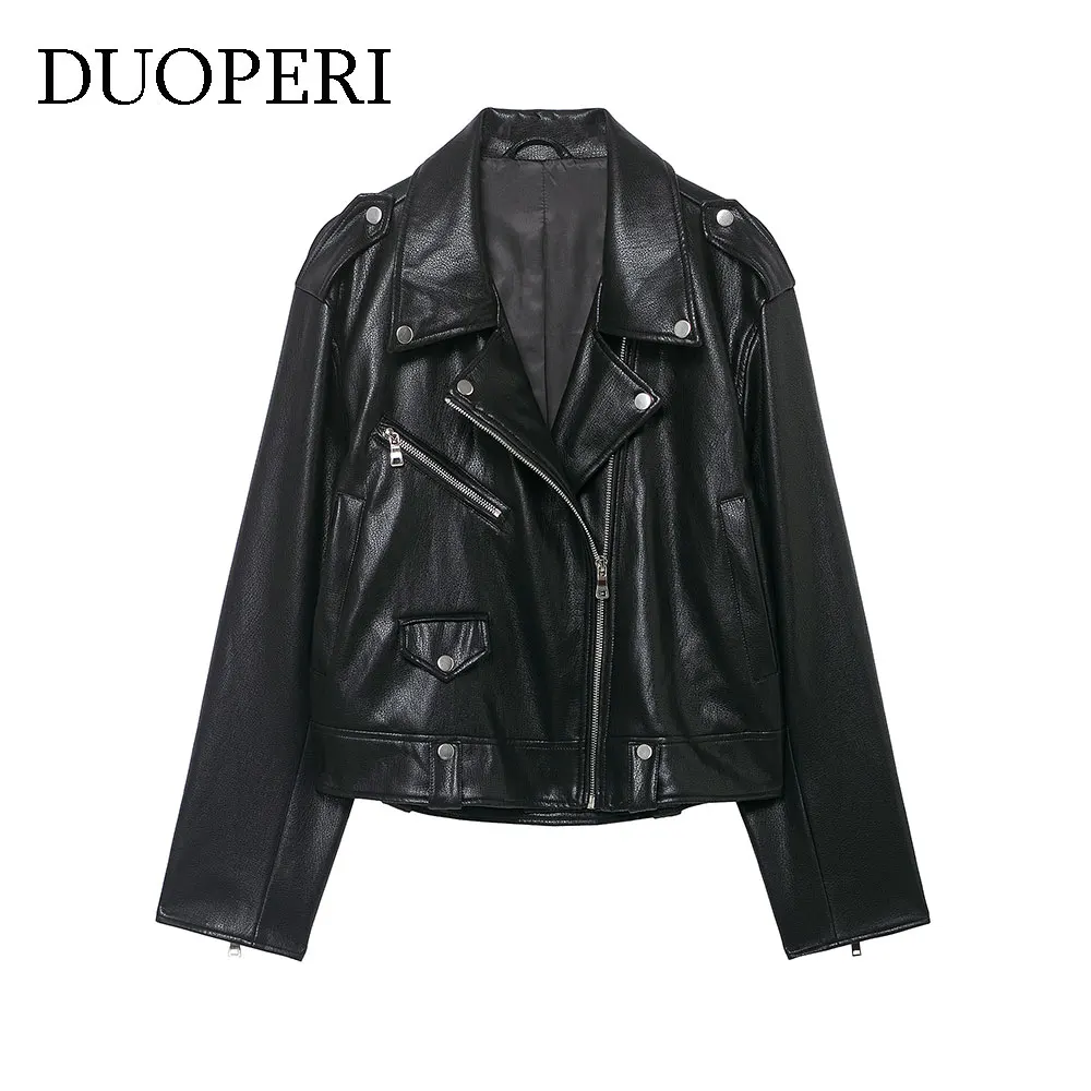 DUOPERI PU da donna nero con cerniera frontale giacche casual bavero collo maniche lunghe donna elegante chic abiti da donna