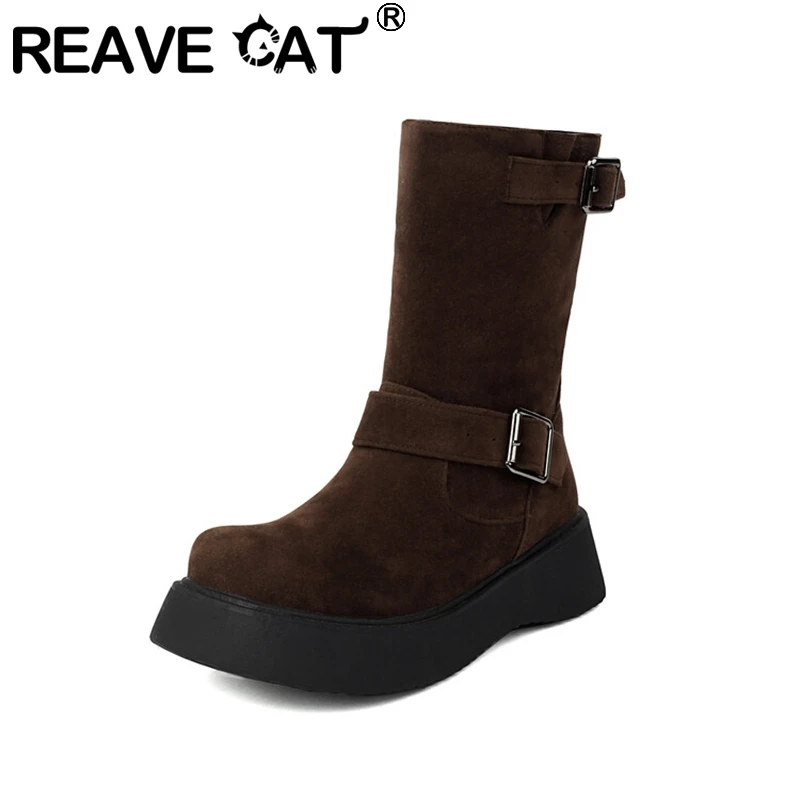 

REAVE CAT Flock Женские сапоги до середины икры на платформе 4 см на плоской подошве, большой размер 41 42 43 US11 US12 Длинные ботинки для вечеринок, черные, красные