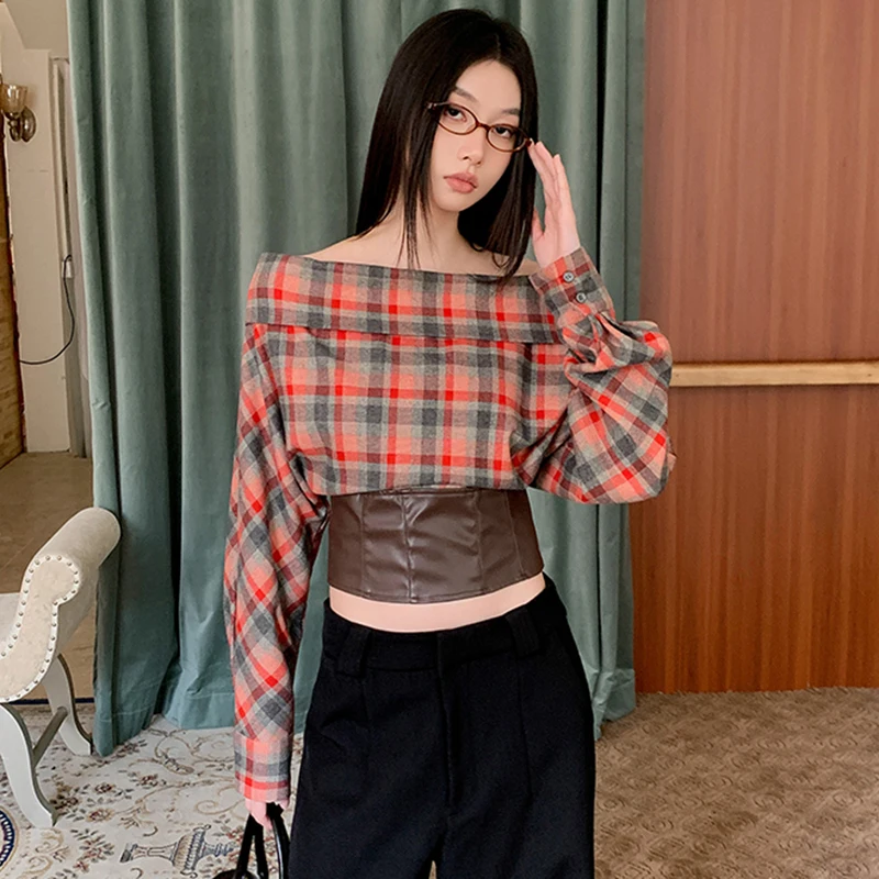 Chic Vintage Plaid Blouse Women Spring Summer Long Sleeve Off Shoulder Tops Shirts Blusas Mujer