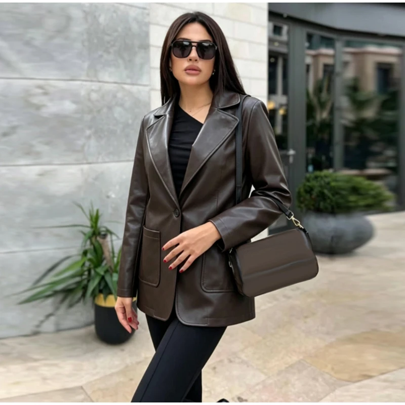 2026 Autumn Faux Leather Blazer Jacket Lapel Collar Single Breasted Big Patch Pockets Loose Vintage Minimalist Outerwear Coat