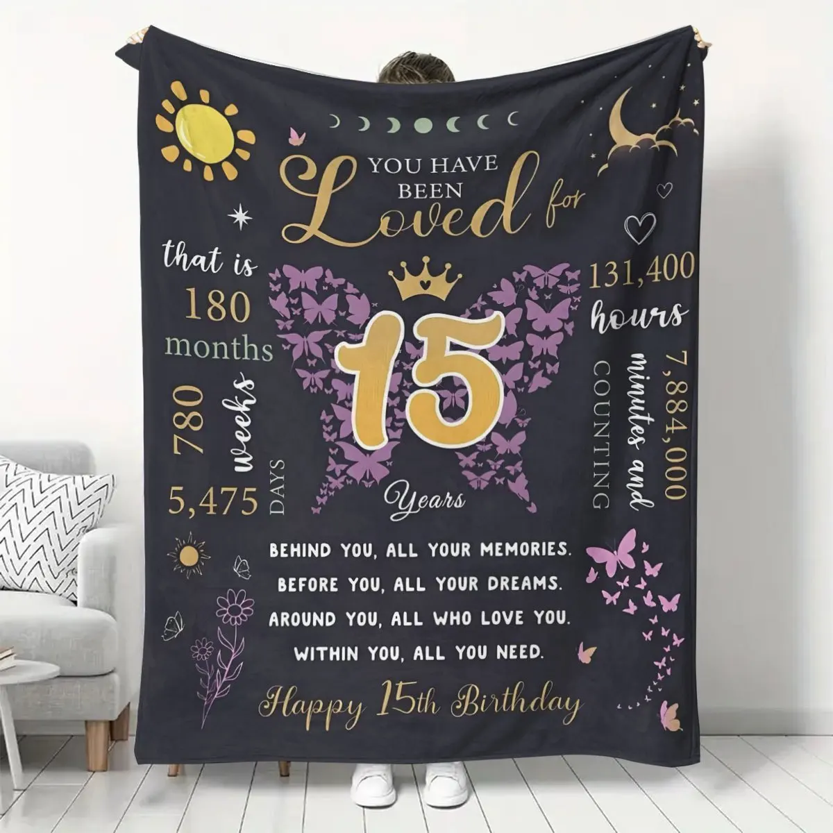 

A Creative Decorative Gift Blanket for a 15-Year-Old Girl'S Birthday, Happy 15Th Birthday, Nap Blanket, Travel Throw Blanket