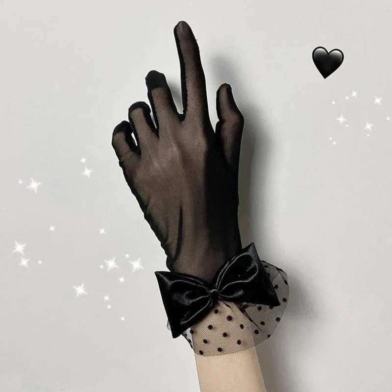 Women Black Summer Uv-proof Driving Gloves Mesh Fishnet Gloves Bride Chiffon Lace Mittens Full Finger Girls Lace Fashion Gloves