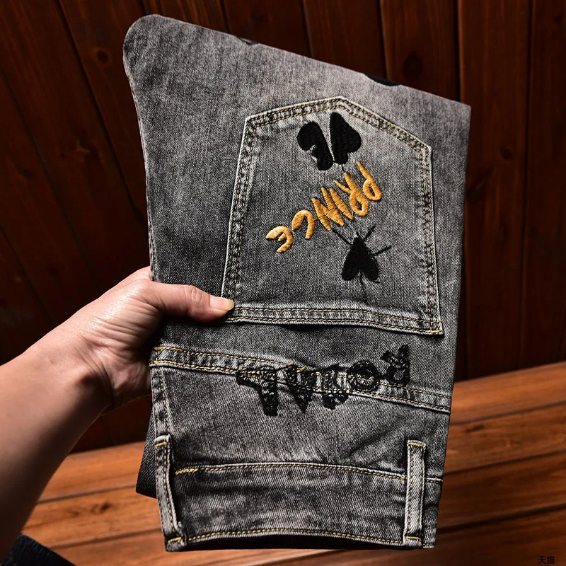 

Embroidered Floral Jeans for Men, Fashionable High-End Stretch Slim Fit Trendy Versatile Men's Denim Pants