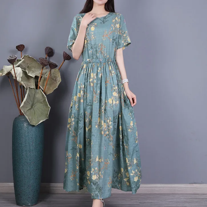 Summer New Product Large-size Women's Clothing Literary Style Round Neck Style Mid-length Drawstring Waist Dress