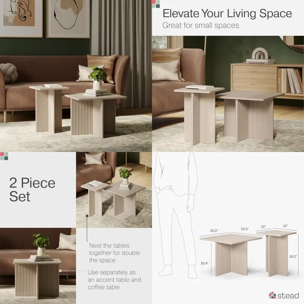 

Weathered White Square Coffee Table Set with Fluted Oak Base and Wood Grain Veneer Tops Including Protective Pads