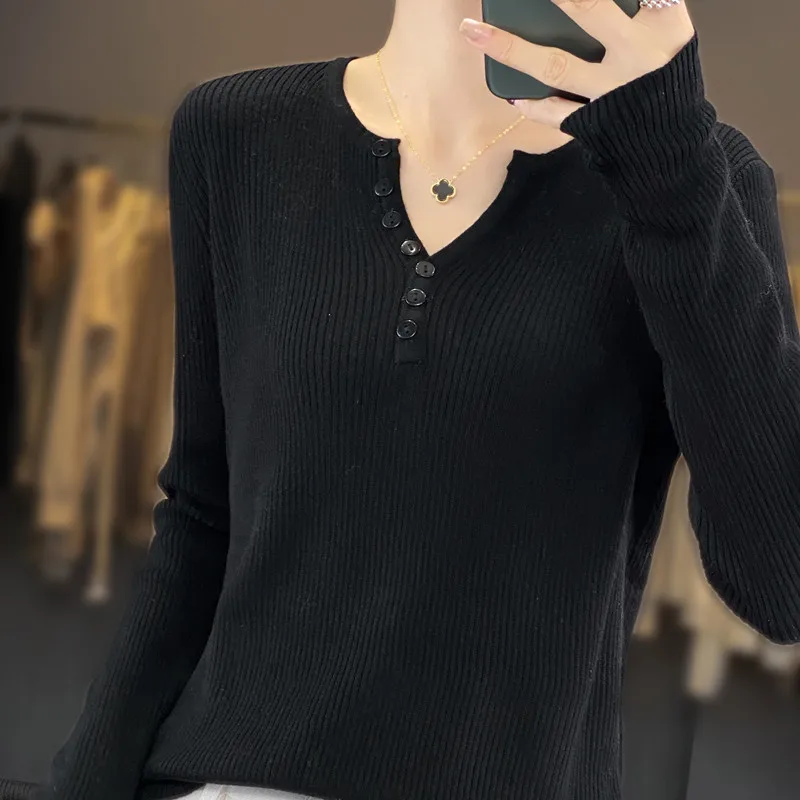 2024 New Spring and Autumn V-Neck Color matching Cashmere Sweater Women Long Sleeve Pullover Solid Color Base