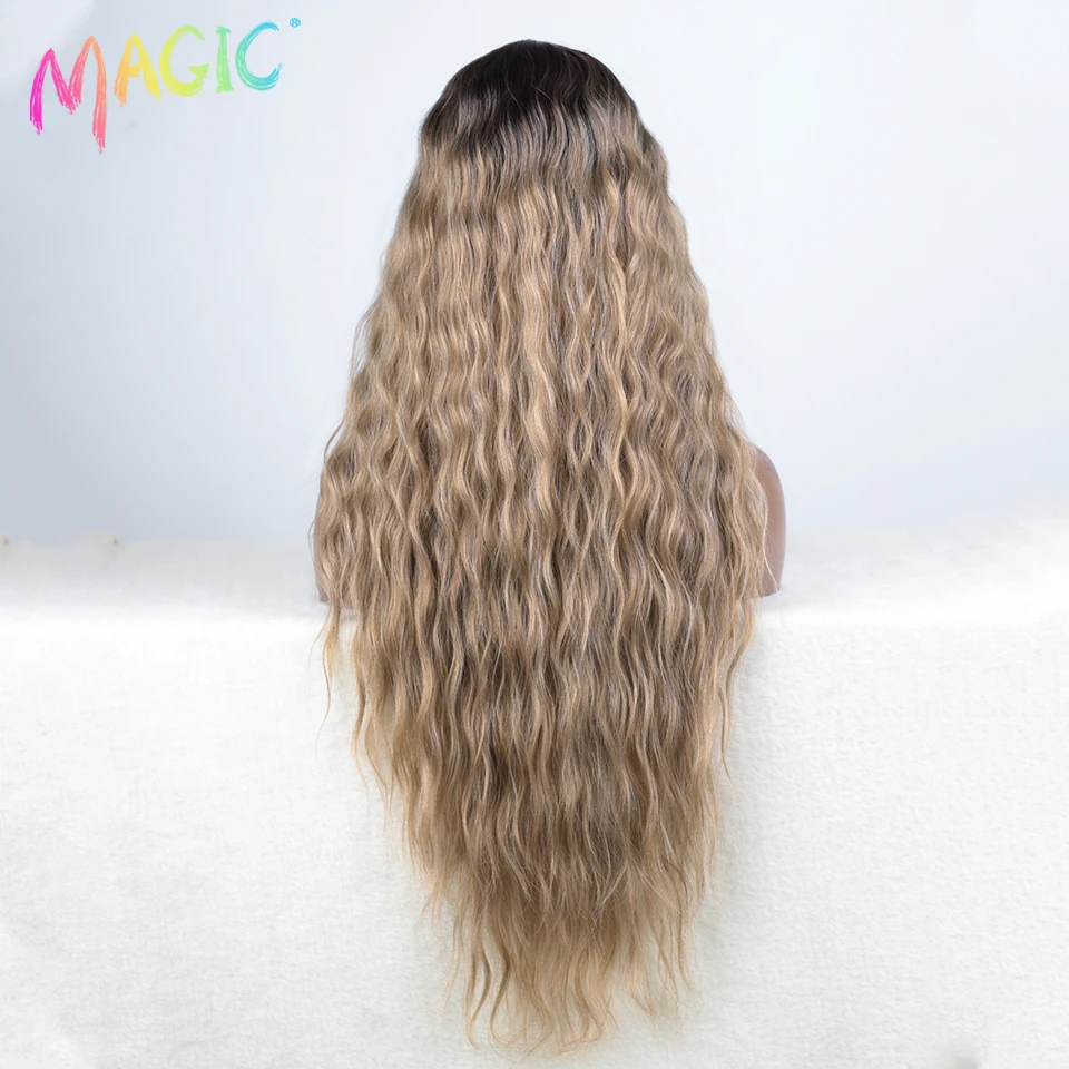 Magic Synthetic Lace Front Wigs For Women 30" Long Body Wave Lace Wig Ombre Brown Blonde Highlight Cosplay Wigs Heat Resistant image 5