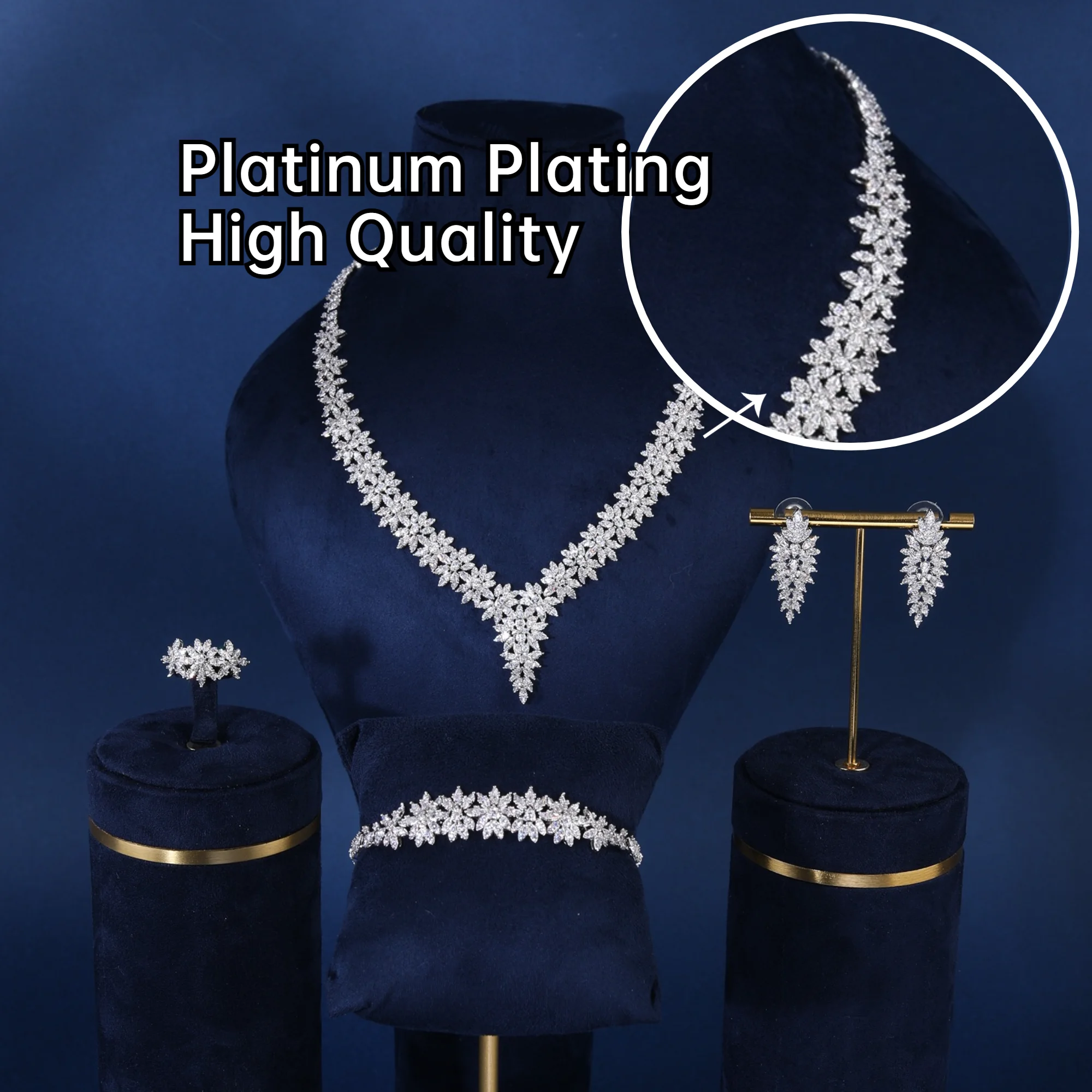 

High Quality Jewelry Set For Women Elegant Shiny Saudi Arabia Bridal Wedding Zircon Necklace 4-Piece