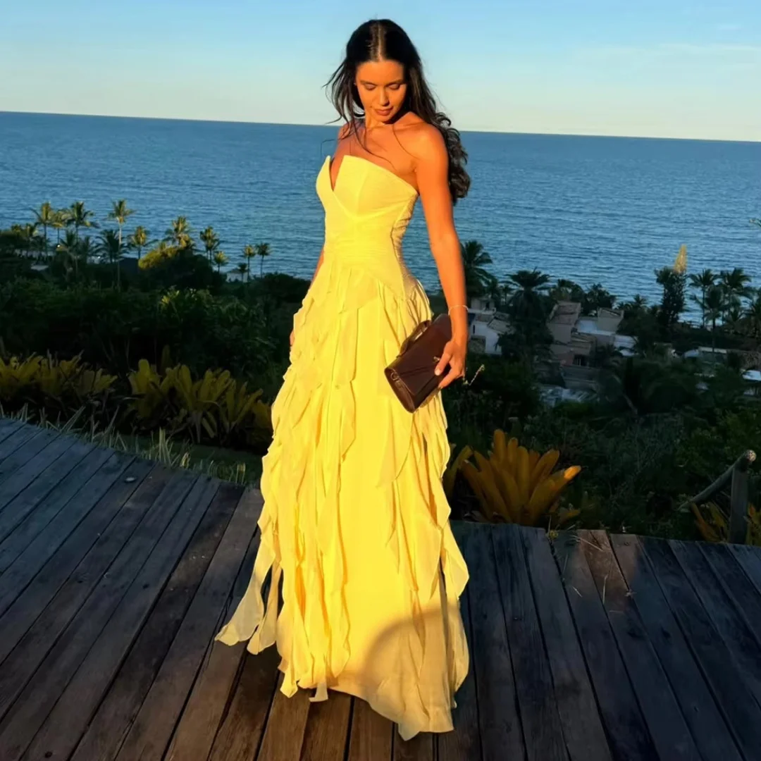 Strapless Deep V Chiffon Maxi Dress Women Ruched Waist Tiered Ruffle Long Formal Evening Gown Beach Wedding Guest Prom Dress image 3
