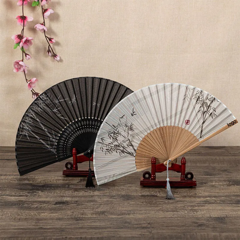 Personalized Custom Logo Text, Laser-Engraved Names and Dates, Vintage Exquisite Folding Fan, Silk Fan, Silk Gift Folding Fan, High-End Traditional Dance Cheongsam Folding Fan